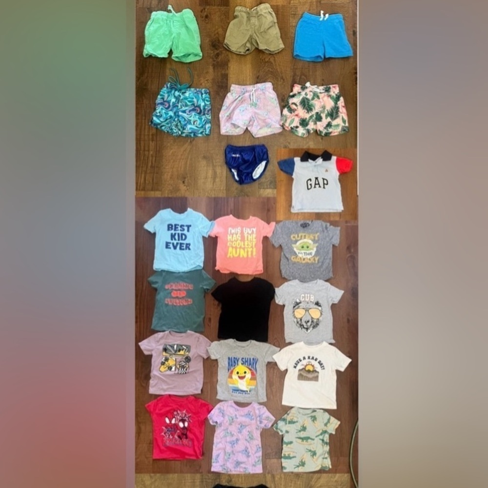 Toddler boy clothing bundle 19 pieces 2T swim trunks shorts tshirts